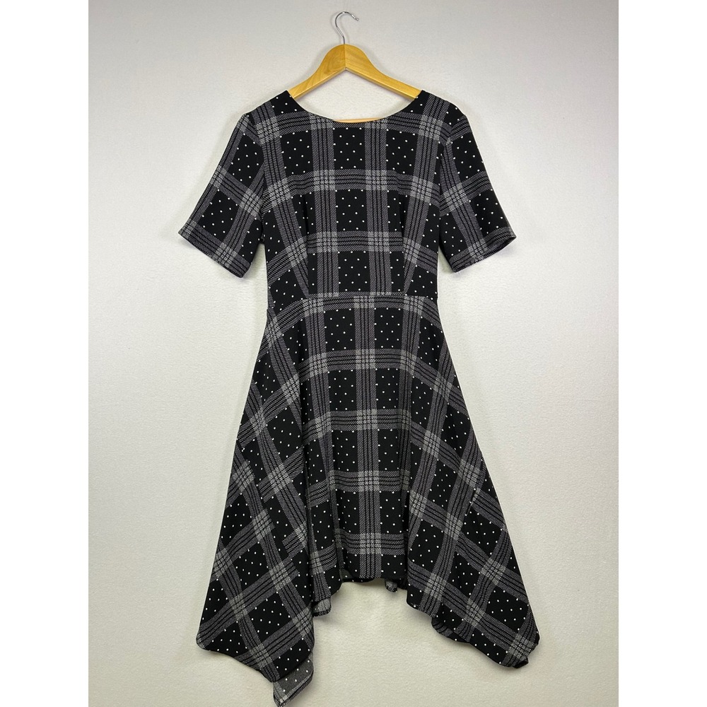 Dark Academia Elle Women Large Black Plaid Polka Dot Handkerchief Hem Dress